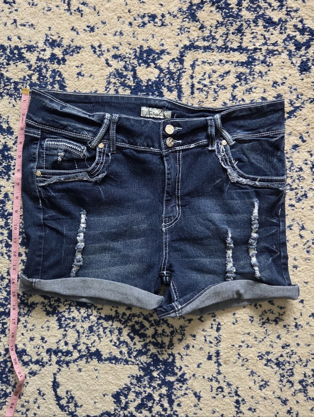Navy Blue Distressed Rolled-Cuff Jean Shorts
